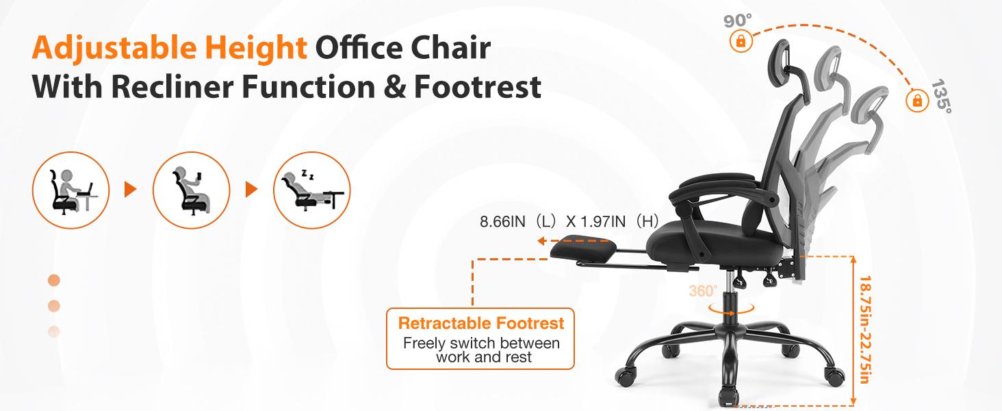 Ergonomic Office Chair, High Back Computer Mesh Swivel Rolling Desk Chair with Adjustable Headrest (Optional with/without Footrest)