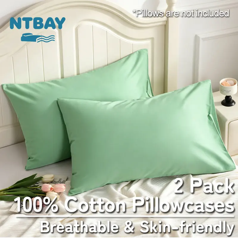 NTBAY Natural Cotton Pillow Cases, 2 Pack Soft 100% Cotton Breathable Bed Pillowcases with Envelope Closure, Skin-friendly & Moisture-Wicking, Hypoallergenic and Gentle on Skin, Safe for Sensitive Skin, Year-Round Comfort, Standard/Queen/King, Oeko-Tex