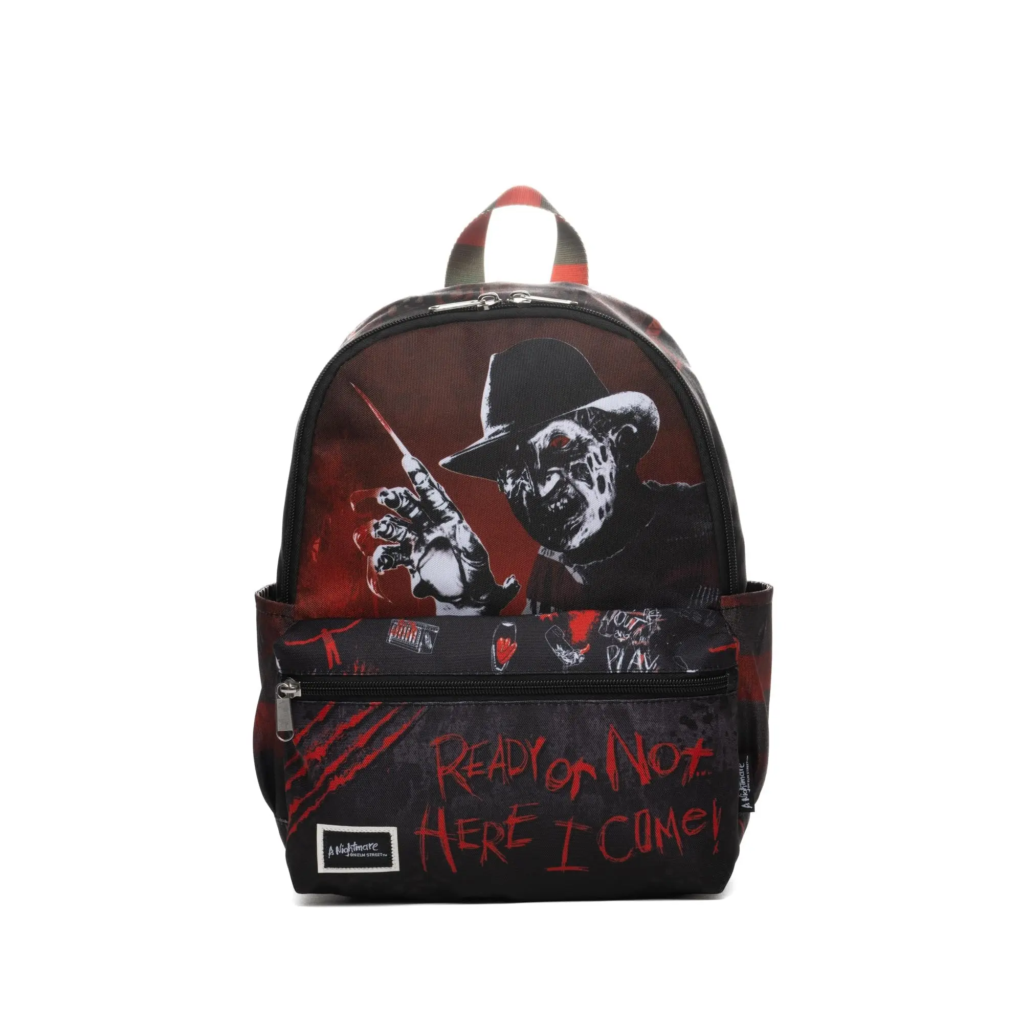 Official Licensed Unisex Freddy Krueger Graphic Print Nylon Mini Backpack - 13"h x 9.5"w x 4.5"d, Lightweight, Multi-Pocket, Adjustable Shoulder Strap, Inside Zip Vault, Carryon Backpack for Travel, Campus Life Everyday Carry Daypack