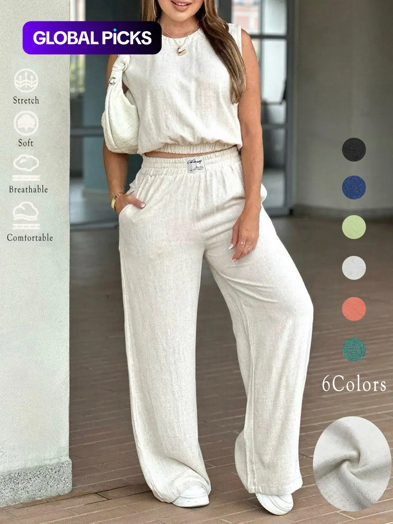 Women's 2-Piece Solid Color Sleeveless Tank Top & Wide Leg Pants Set, Womenswear Matching Casual Fashion Vibe Breathable Elastic Adjustable Outfit for Daily Outdoor Wear, Ladies Clothes for Summer