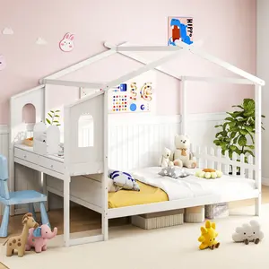 Wood Bed Frame with Side Table , Playhouse Platform Bed Wooden House with House Roof Frame,Fence Guardrail ,Easy Assembly