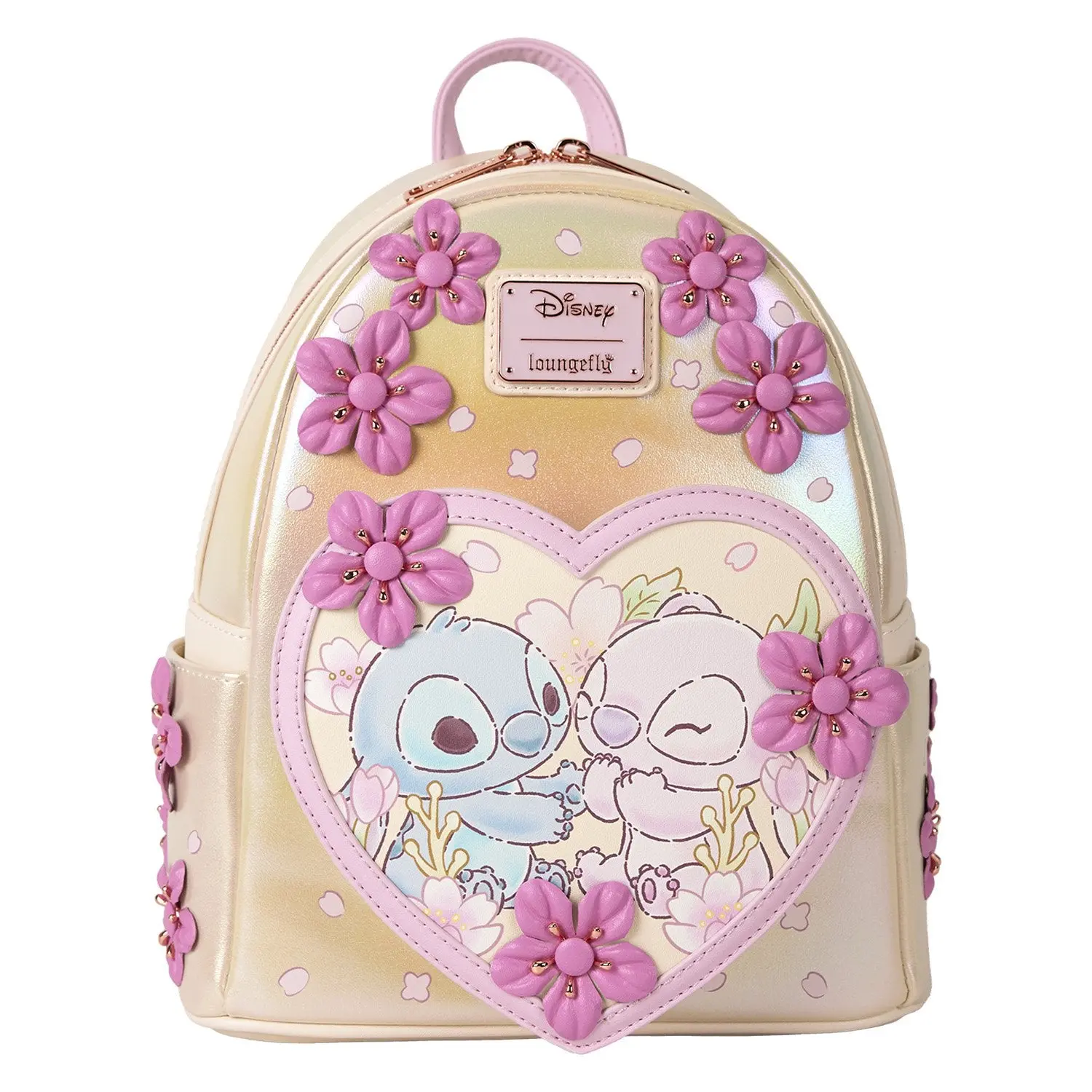 Loungefly Disney Stitch & Angel Cherry Blossom Heart Mini Backpack, Cute Fashion Lightweight Graphic Backpack, No Wheels, Hand Wash Only, Cute Backpacks, Fashion Backpacks