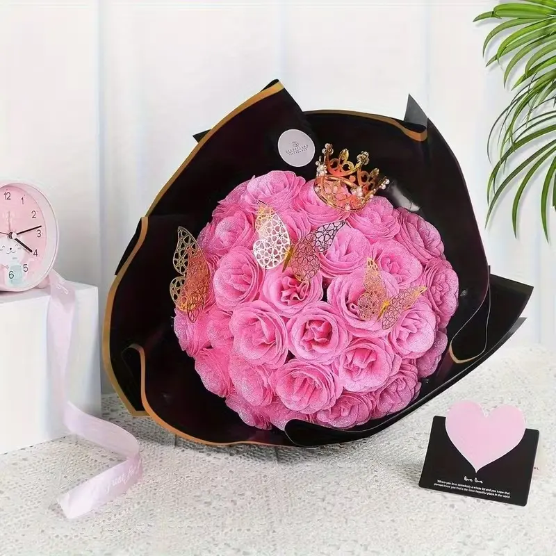 A Set of 25 Glittery Rose Bouquets, Complete with 3D Butterflies, Wrapping Paper, Crowns, And Cards, Ideal for Gifts on Birthdays, Engagements, And Thanksgiving