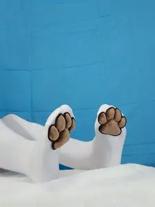 Brown Mochi Stuffed Puffy Paw Pad Beans on White Thigh High Stockings