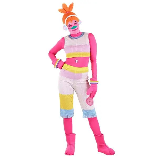 HalloweenCostumes Women's Retro Striped Colorful Cropped Trolls DJ Suki Halloween Costume - Includes Clothes, Shirt, Jersey, Tank Top & Accessories