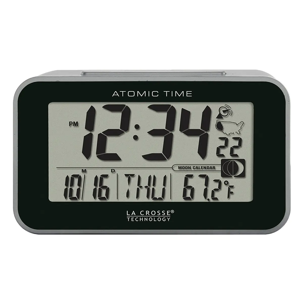 La Crosse 617-1270 Atomic Digital Timer Alarm Clock - Black Housing, Decorative, 24-Hour Alarm, Blue LED, Calendar, Moon Phase Icon, Indoor Home & Bedroom Decor, Digital Timer Alarm Clocks