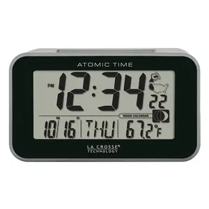 La Crosse 617-1270 Atomic Digital Alarm Clock - Black, Home Decor, Bedroom Decor, Calendar Feature, Indoors Use, Moon Phase Icon
