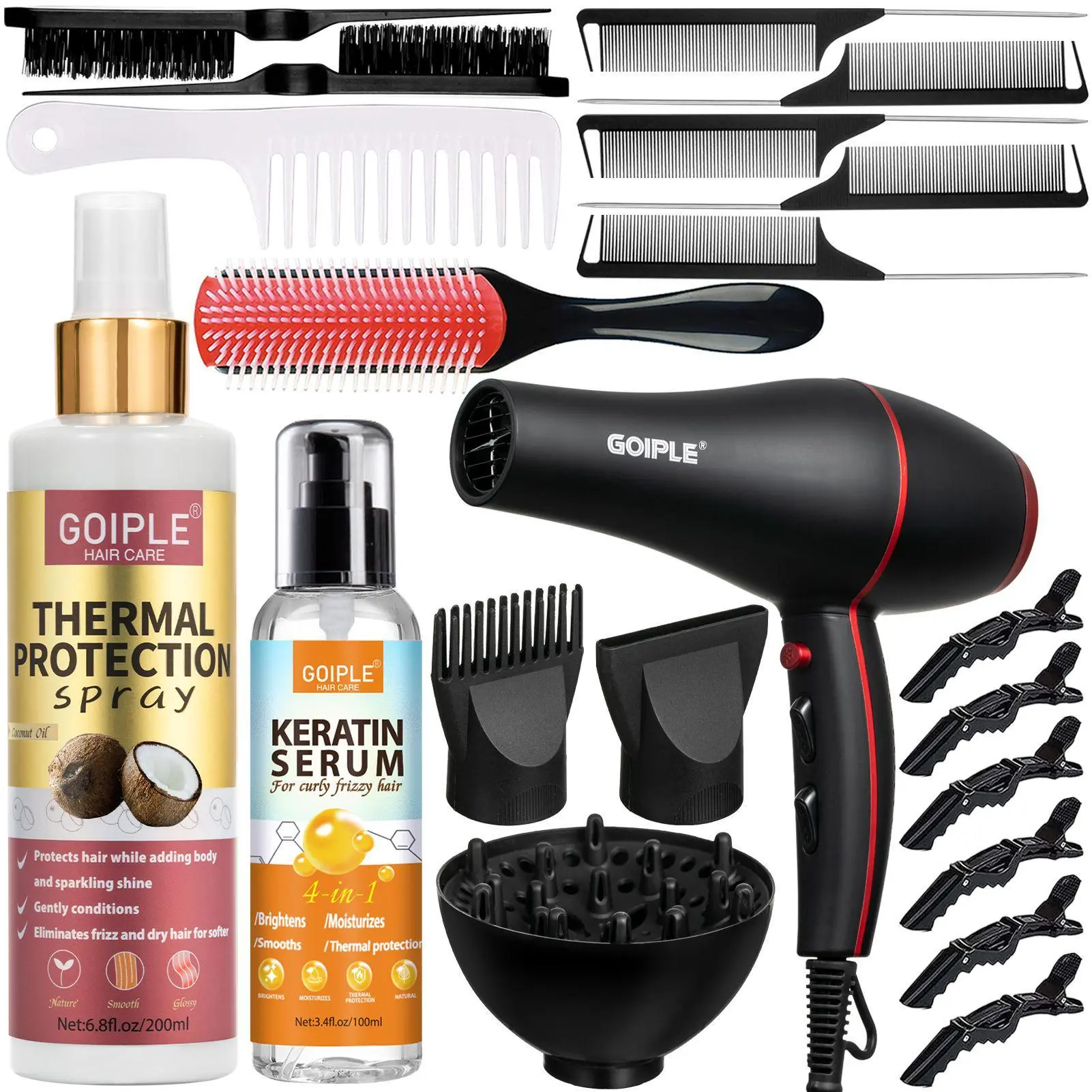 Professional 1800W Blow Dryer Set - Ionic Technology, Low Noise, and Constant Temperature Control Full Size Diffuser Keratin Serum Concentrator Brush