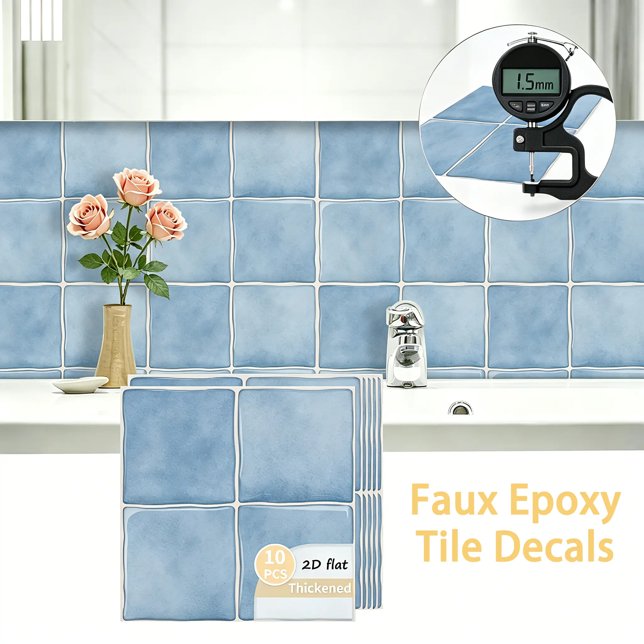 Blue Decorative Peel-and-Stick Wall Tile Panels, Self-Adhesive Vinyl Tiles Sticker, Waterproof Removable Home Decor for Kitchen Backsplash, Bathroom, Living Room, Pack