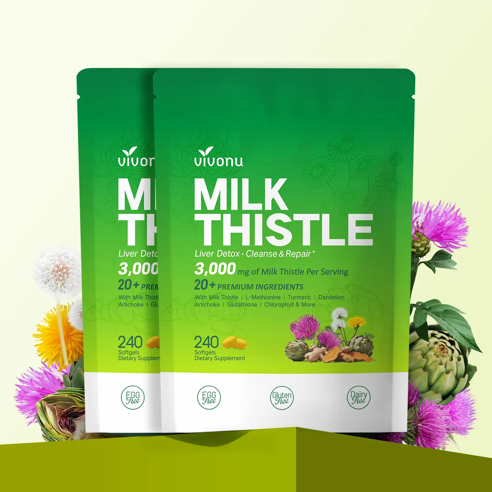 【FINAL DEAL】VIVONU Milk Thistle ｜ Liver Support Formula ｜ Antioxidant Support ｜ Daily Wellness Support ｜ With Milk Thistle 3000mg, Artichoke, Turmeric & More ｜ 240 Capsules ｜ Take 2 Daily
