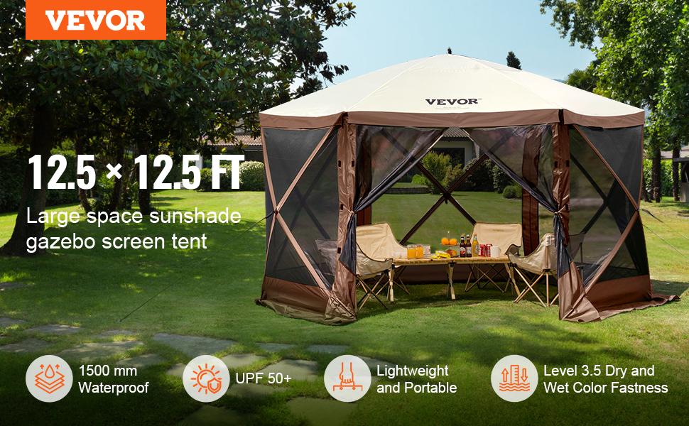 VEVOR Camping Gazebo Screen Tent, TikTokShopBlackFriday, 12*12ft, 6 Sided Pop-up Canopy Shelter Tent with Mesh Windows, Portable Carry Bag, Stakes, Large Shade Tents for Outdoor Camping, Lawn and Backyard, Brown/Beige VEVOR Camping Gazebo Screen Tent, TikTokShopBlackFriday, 12*12ft, 6 Sided Pop-up Canopy Shelter Tent with Mesh Windows, Portable Carry Bag, Stakes, Large Shade Tents for Outdoor Camping, Lawn and Backyard, Brown/Beige