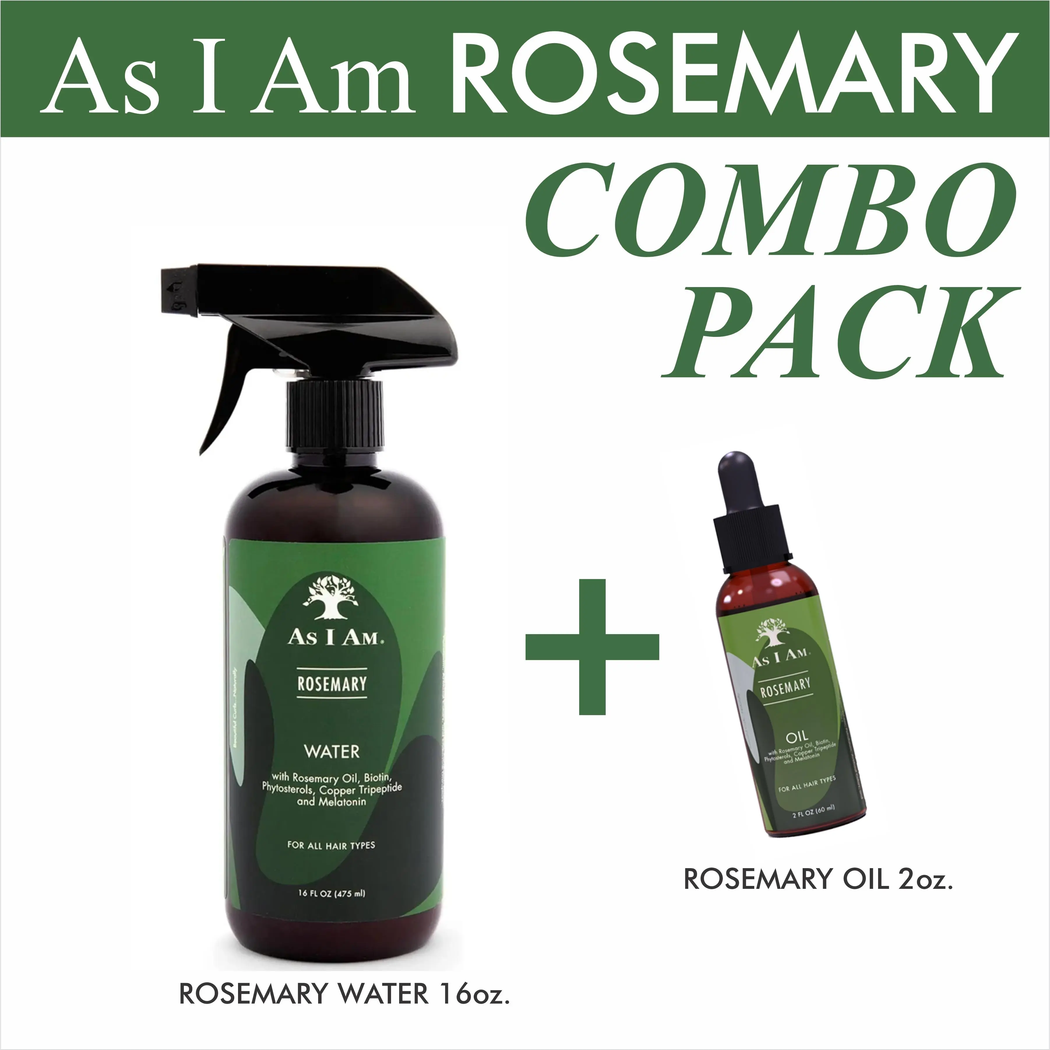 AS I AM Rosemary Water & Oil Haircare Set, Moisturizing Liquid Scalp Treatment for Hair Density with Rice Water, Biotin & Rosmarinus Officinalis (Rosemary) Leaf Oil (16 oz & 2 oz)