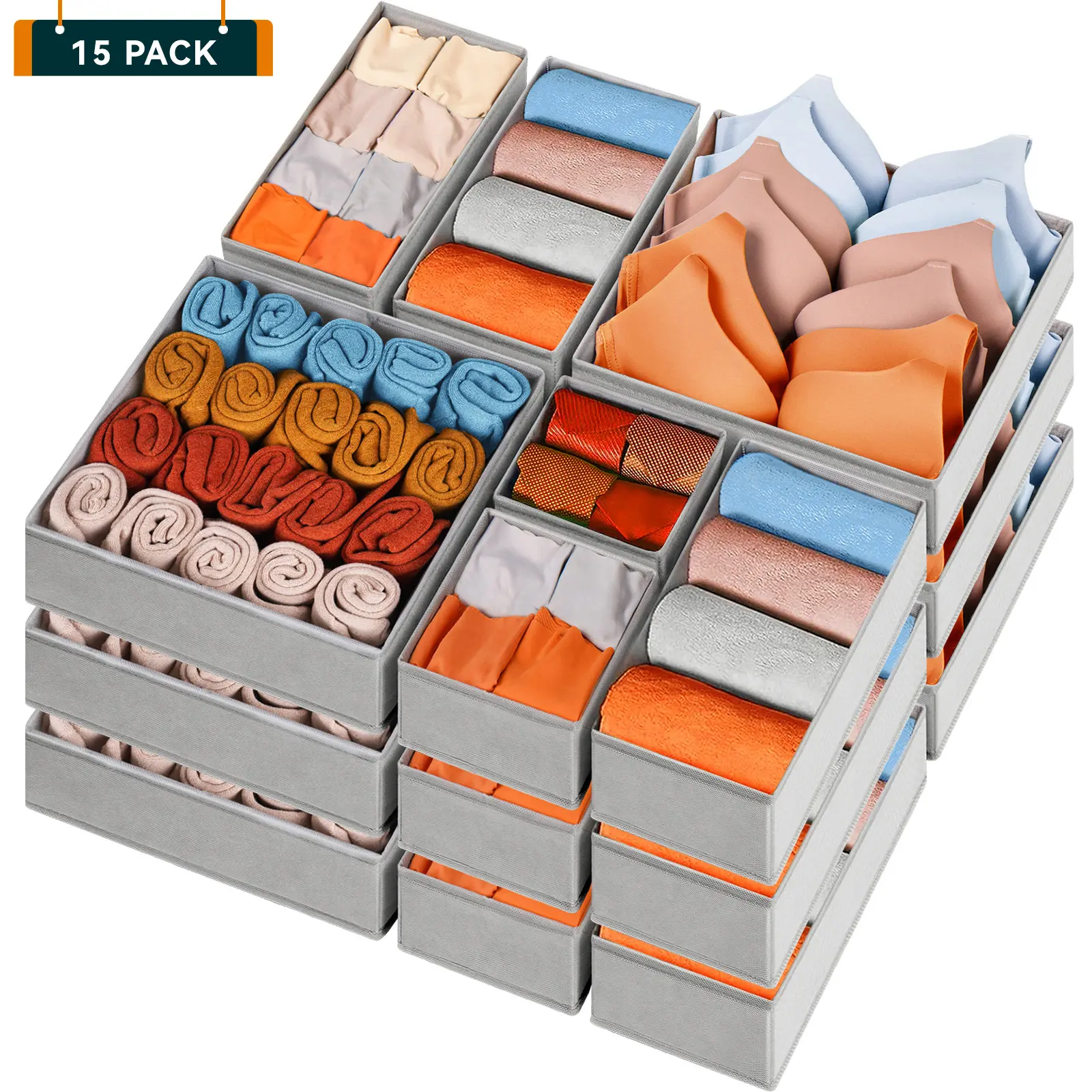 Criusia 15-Piece Drawers Clothes Organizer - Reinforced Thick Fabric Foldable Storage Box with Divided Compartments, Space-Saving Bedroom Storage Organizer for Women's Clothes, Underwear & Socks,dorm essentials,home decor