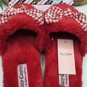 Juicy Couture Women's Slippers Red and white, Faux Fur, memory foam indoor and outdoor.