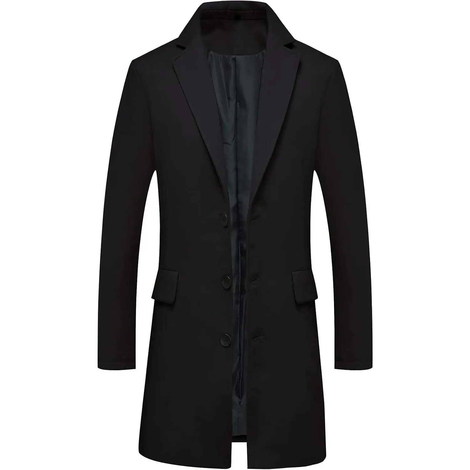 Men's Classic Single-Breasted Mid-Long Wool Blend Black Trench Coat - Chic Menswear, Plain Longsleeves Jacket for Wedding, Party