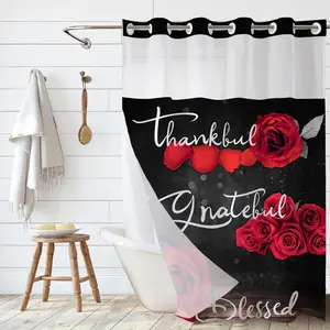 No Hooks Double Layer Shower Curtain, Romantic Red Rose Thankful Print, Waterproof Fabric, Clear Top Window Design, Artistic and Cozy Home Decor
