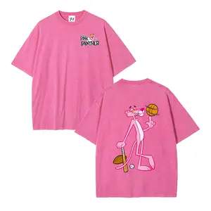 Men's & Women's 230GSM Heavyweight Cotton T-Shirt Retro Y2K Streetwear Style with Pink Panther & Baseball Print Round Neck Short Sleeve Casual Summer Top Machine Washable Unisex Tee