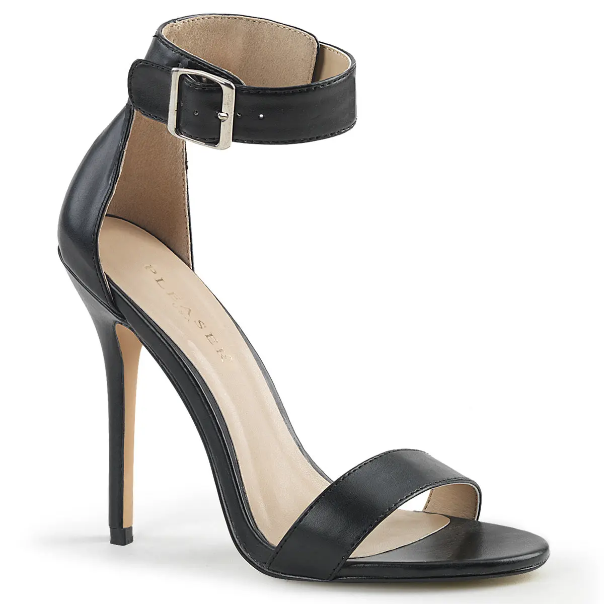 Women's Black Synthetic Stiletto Elevated Sandals, Open Toe Evening Footwear with 5-Inch Heel and Ankle Strap Buckle, Black Vegan Leather, Date Night Footwear, Shoe, Secure Buckle Fit