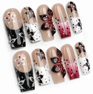 PG43 Rose-Butterfly Kiss | Handmade Press-On Nails Set Square 10 PCS 3D Acrylic Gel , Reusable, Long-Lasting, Salon-Perfect Finish