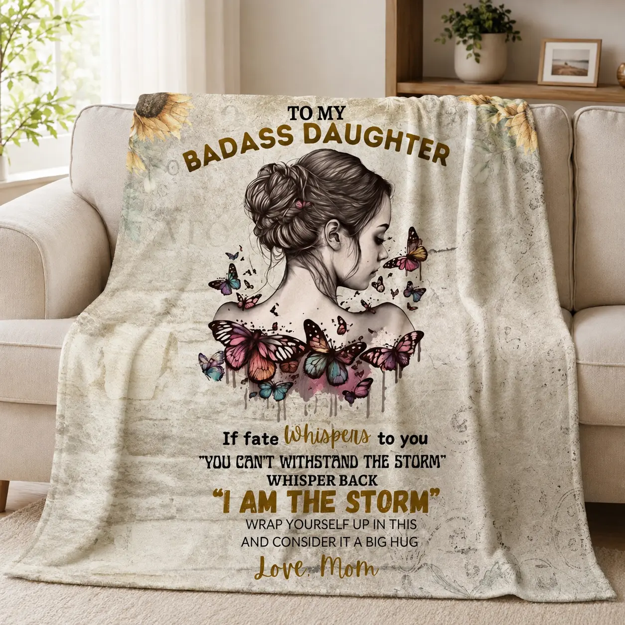 Mom to Daughter Soft Flannel Blanket - Butterfly Sunflower Inspirational Quote, Warm Fuzzy Plush Throw, Heartfelt Sentimental Gift for Birthday, Graduation, Bedroom Sofa Decor
