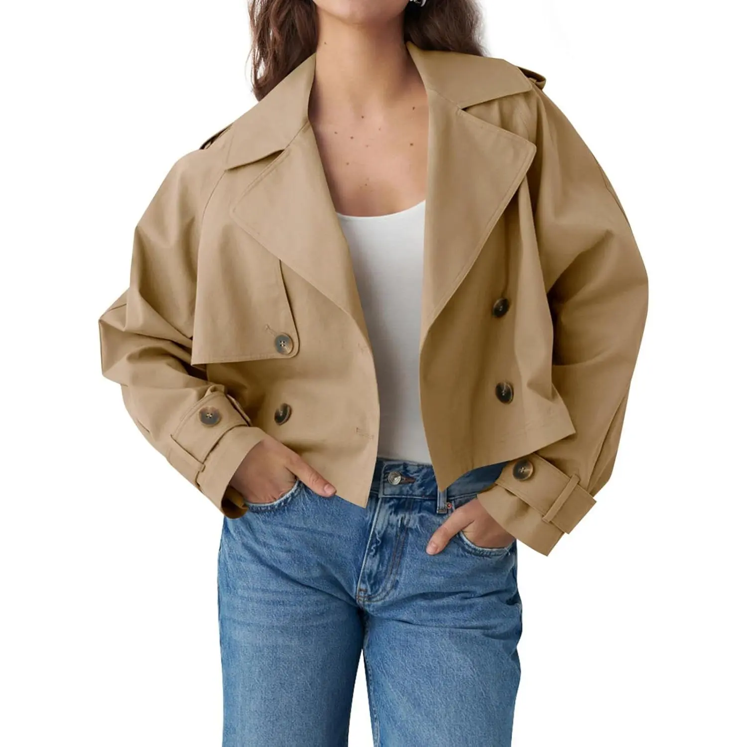 Women's Fitted Minimalist Double-Breasted Lapel Long Sleeve Mini Crop Trench Coat - Solid Outerwear with Straight Pockets, XL Size Option, Basic Buttoned Tops Jackets
