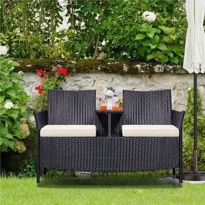 Costoffs Outdoor Double Chair Patio Conversation Furniture Set with Glass Side Table, PE Rattan Garden Chair with Cushions for Patio and Poolside