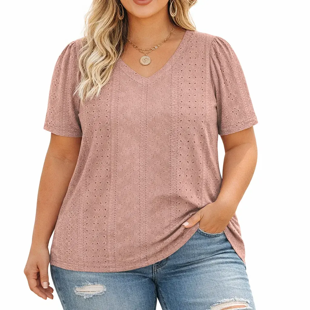 Women's Plus-Size Basic Short-Sleeve V-Neck Eyelet Blouses - Simple, Elegant, Modest Fashion Tunics for Casual Comfort, Shortsleeve, Puff Sleeve, Comfy Casual, Breathable, Outdoors, Eyelet Holes, Classic Basic, Long Length, Comfortable, Shirts, Solid Plai