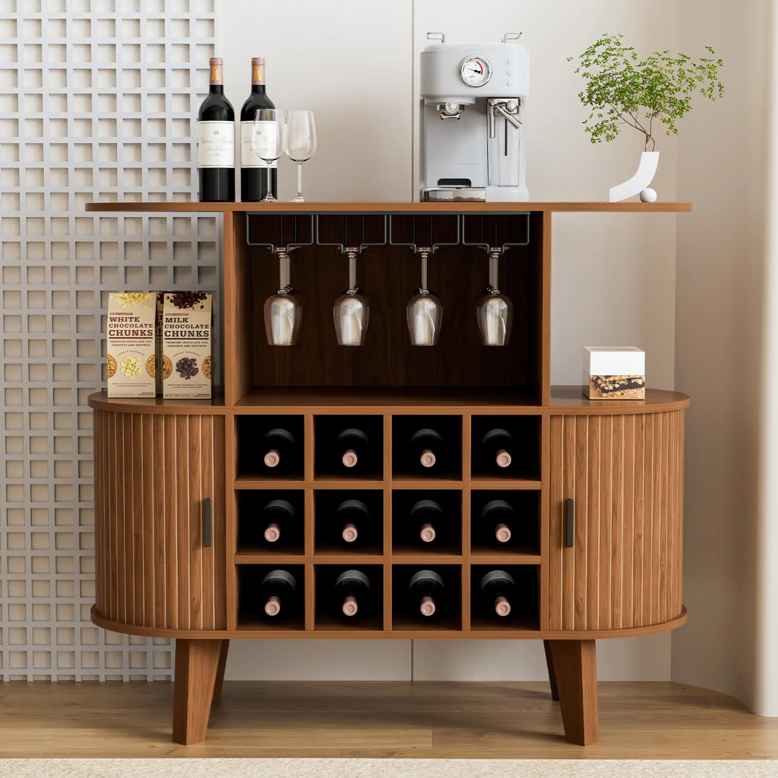 35.4" Oval Farmhouse Wine Bar Cabinet with 12 Racks 4 Glass Holders, Small Coffee Bar Cabinet with Sliding Tambour Door for Home, Kitchen, Living Room, Walnut bedside table
