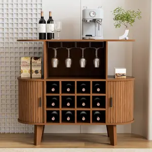 35.4" Oval Farmhouse Wine Bar Cabinet with 12 Racks 4 Glass Holders, Small Coffee Bar Cabinet with Sliding Tambour Door for Home, Kitchen, Living Room, Walnut bedside table