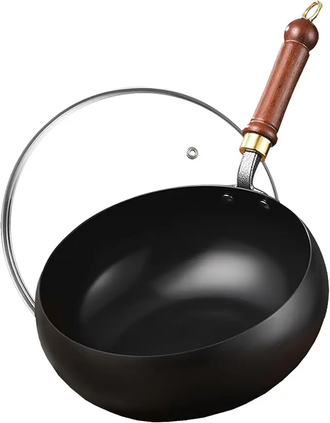 9.4" Carbon Steel Wok Pan with Lid, Pre-Seasoned Nonstick Stir-Fry Wok, Flat Bottom Handmade Chinese Wok for Induction, Gas, Electric & All Stovetops