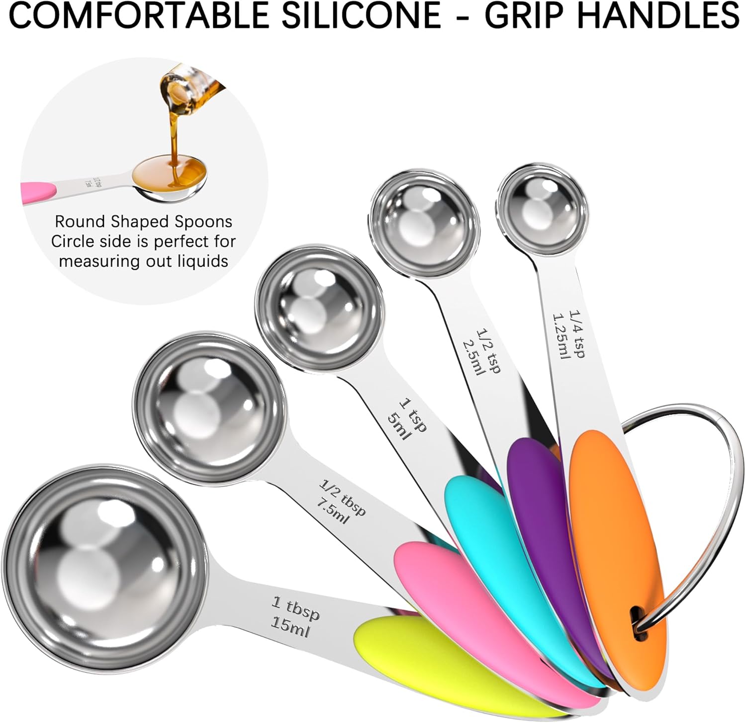 Colorful 5-Piece Measuring Spoon Set with Comfortable Silicone Grip Handles for Accurate Liquid Measurement stackable cup