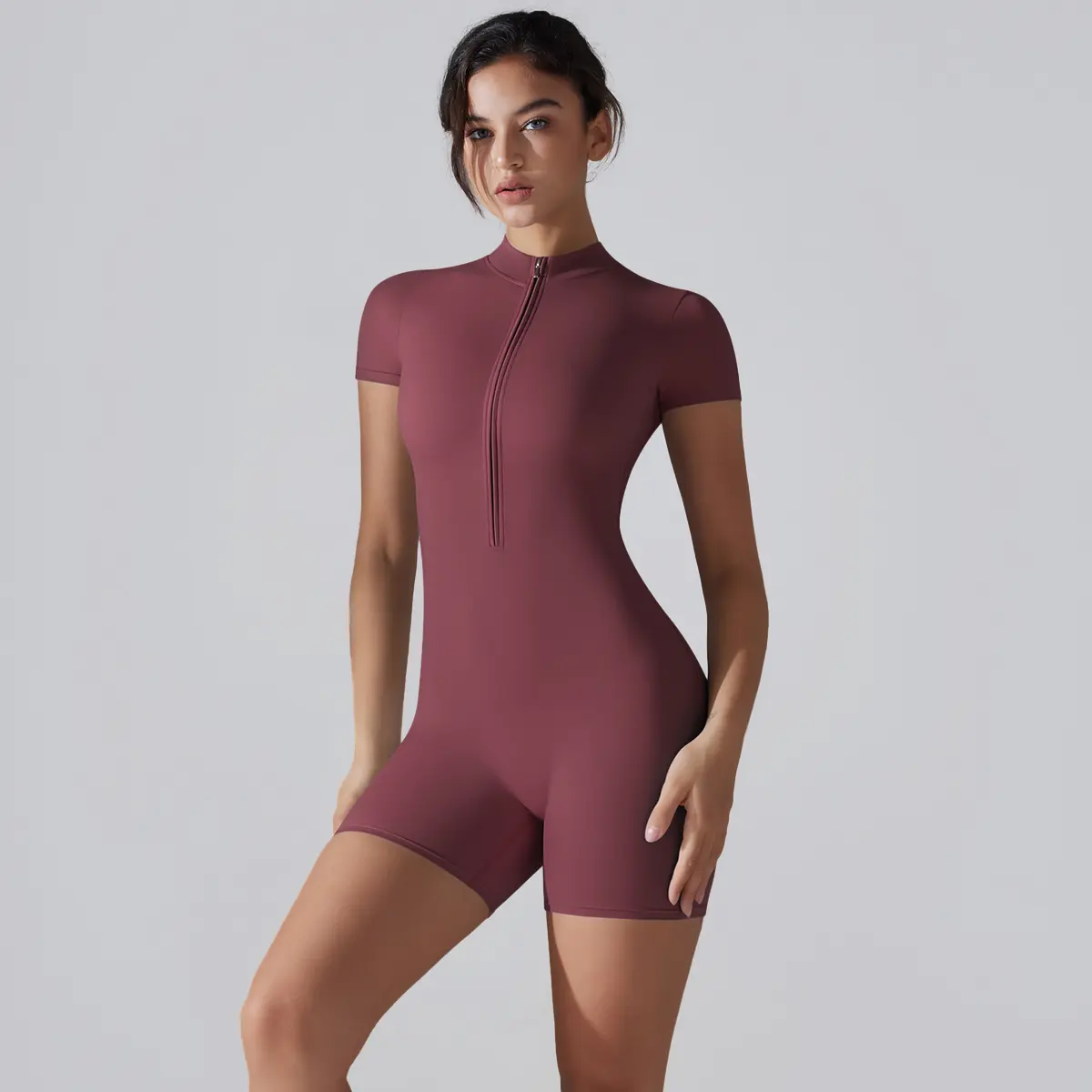 Soft Stretch Fabric Moisture-Wicking Quick-drying breathable Zipper short-sleeved shorts yoga bodysuit dance fitness tight butt lifting jumpsuit workout Apparel for women Stretchable Activewear pilates gymgirls gym workout clothes for women