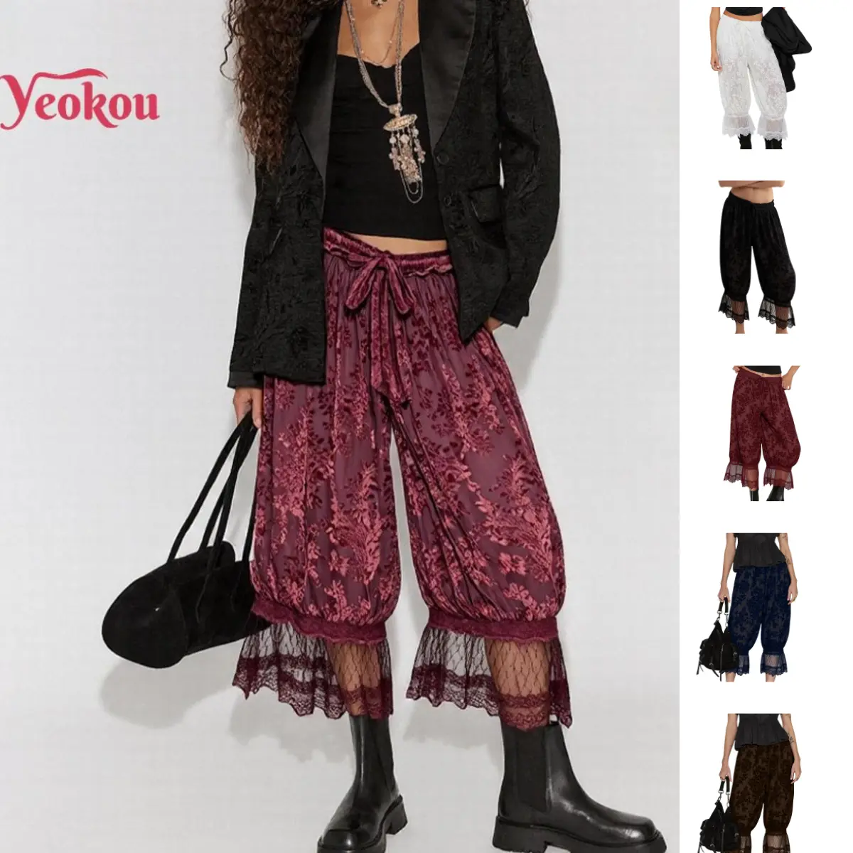 Yeokou Women's Vintage Lace-Trimmed Bloomers - Bohemian Cropped Baggy Legged Pants, Polyester-Nylon Boho Fashion Trousers, Casual Loose Hippie Boho Earthy Pants for Women, Casual Loose Pants, Hippie Boho Earthy Clothes