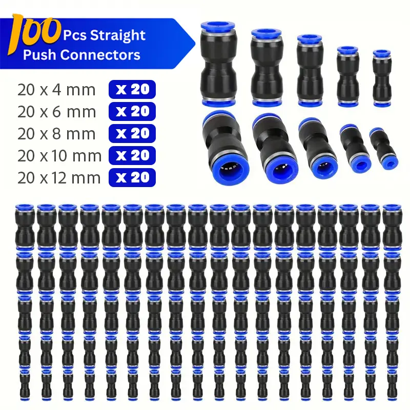 100Pcs Straight Push Connectors - 4 6 8 10 12 mm quick  Release Pneumatic Connectors Air Line，Connect