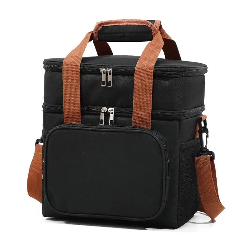 Double Decker Insulated Cooler Bag, Large Capacity Leakproof Lunch Bag with Detachable Shoulder Strap, Portable Thermal Tote Bag for Picnic Camping Work Outdoor Fishing