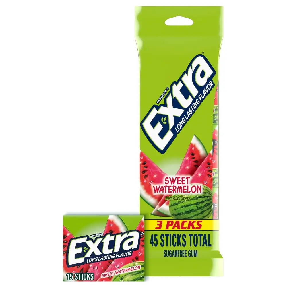 EXTRA Watermelon Sugarless Gum Packs - 15-Count Sugarless Gum, 3-Pack Low Calorie Snacks with Glycerin, Ideal for Cupboard Storage