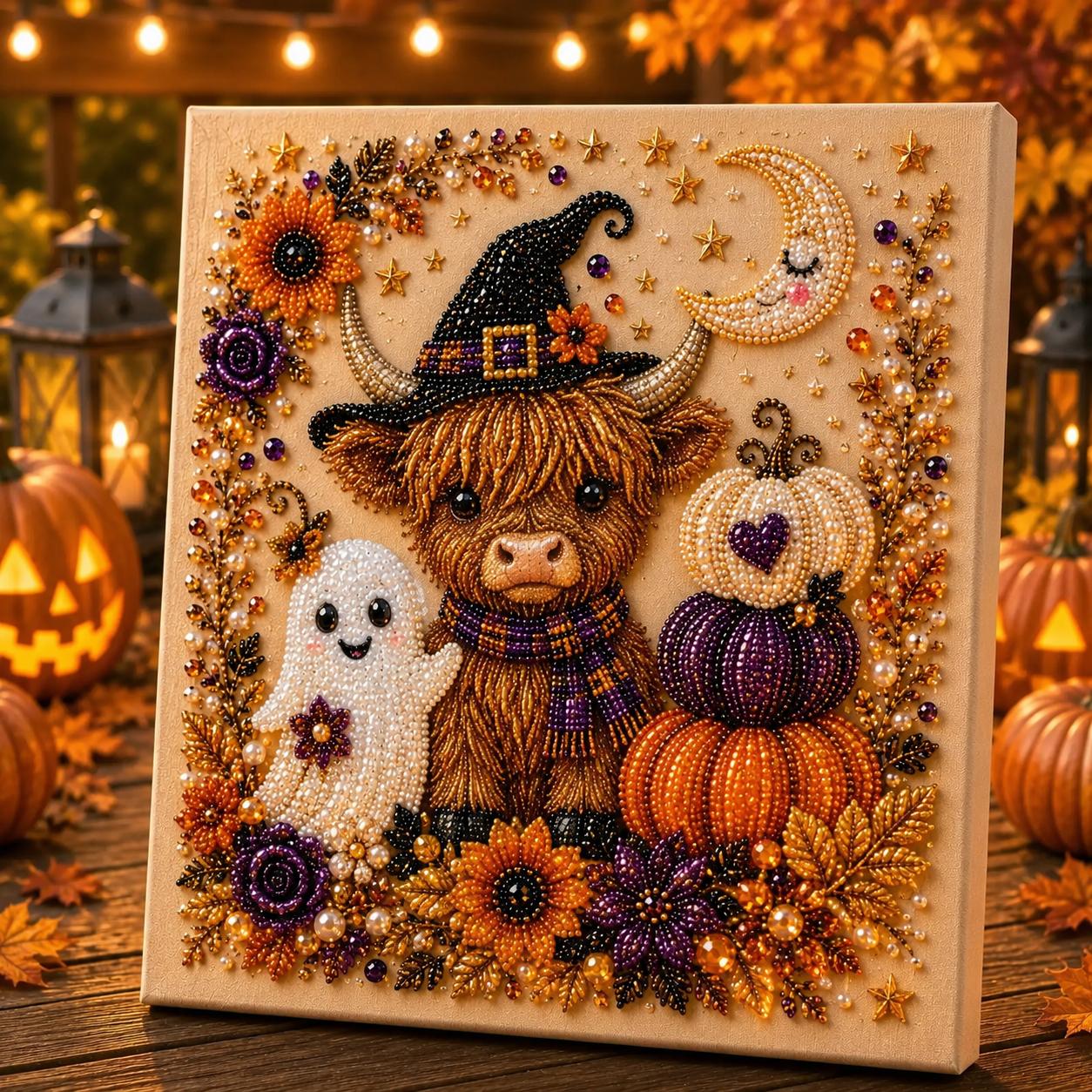 Spooky Cute Ghost 8inx8in Themed Pearl 3D Diamond Painting DIY Kit, Multipurpose Fall Season Handicraft Set, Beautiful Wall Art Furnishing Accessory for Household Indoor Decoration & Holiday Party Present