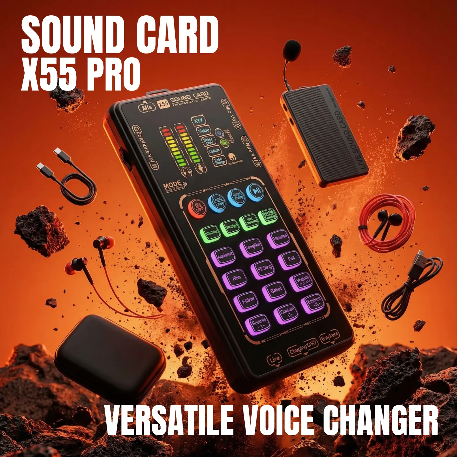 Portable X55 Pro Mobile Electronic Voice Changer Bundle - Amplifier Mixer, 4 Cases, Universal OTG Broadcast Cable, Wireless Bluetooth Sound Card, for Adults, Podcast Setup, Casual Engagement, Recording