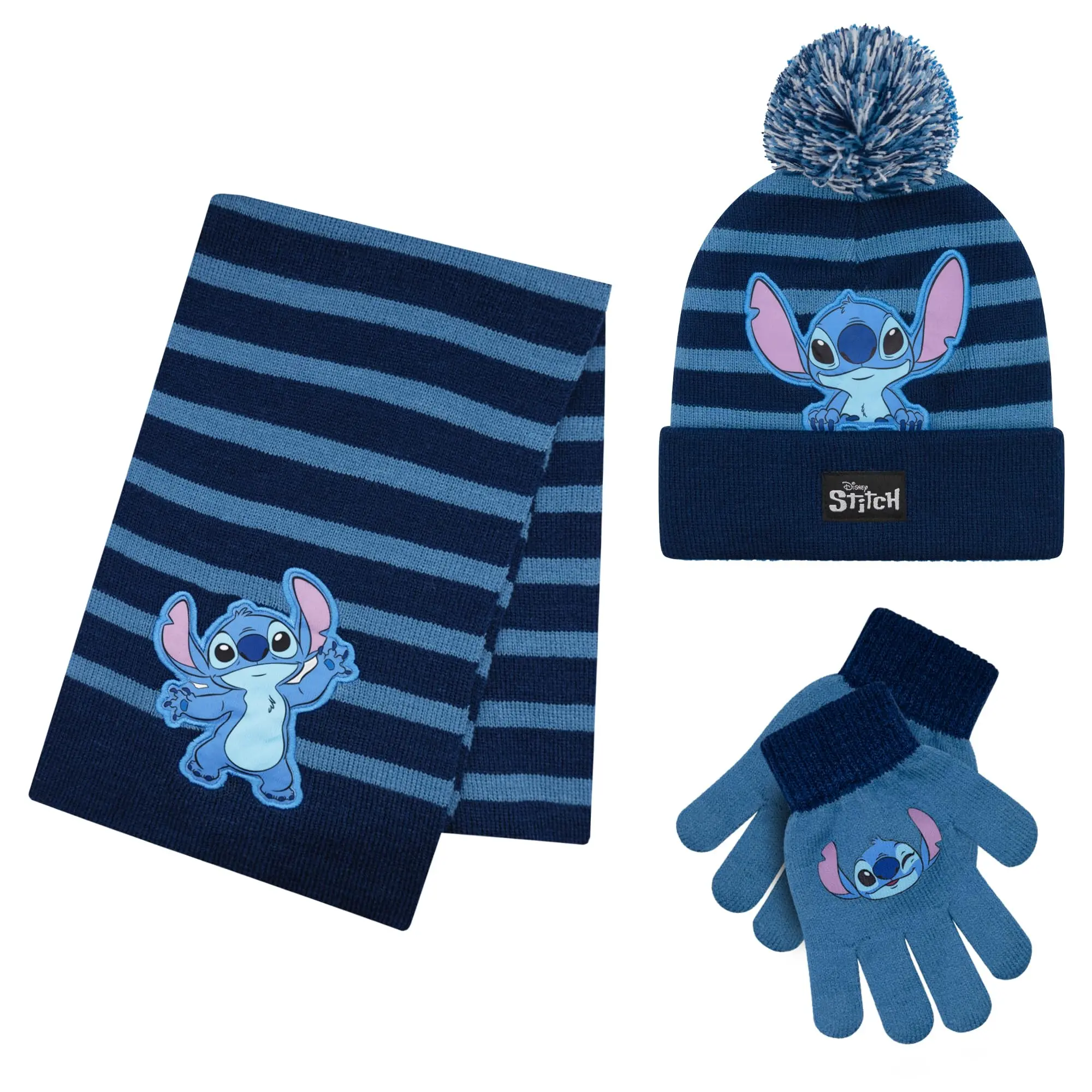 Disney Lilo & Stitch Kids' 2-Piece Beanie Hat and Glove Set, Casual Cartoon Winter Wear with Durable Stitching, Blue Stripes, Tassel Detail, Universal Fit for 5-13 Yrs, Cold Days, Gift for Girls