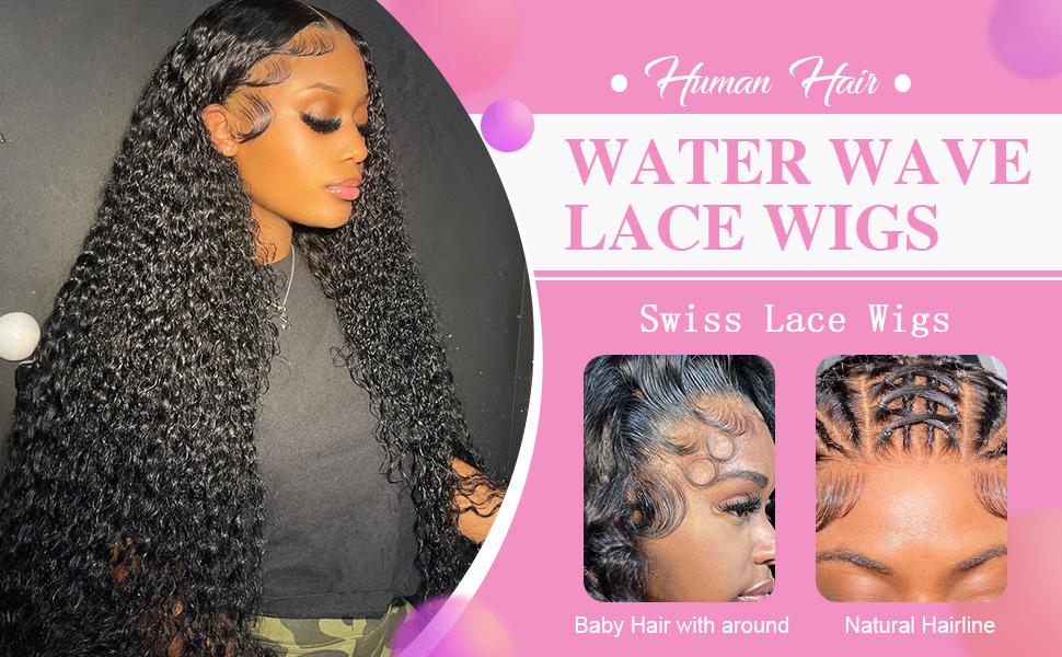 Water Wave 13x6 Lace Front Wigs Human Hair Pre Plucked 180% Density HD Transparent Water Wave Lace Frontal Wigs Human Hair for Women Curly Lace Front Wigs Natural Color