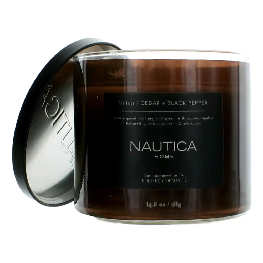Nautica 14.5oz Soy Wax Blend 3-Wick Candle - Orion Cedar & Black Pepper Fragrance, Nautical Masculine Aroma with Citrus Fruity Notes, Long Burn Time Home Decor Moss Freshener, Signature Scent