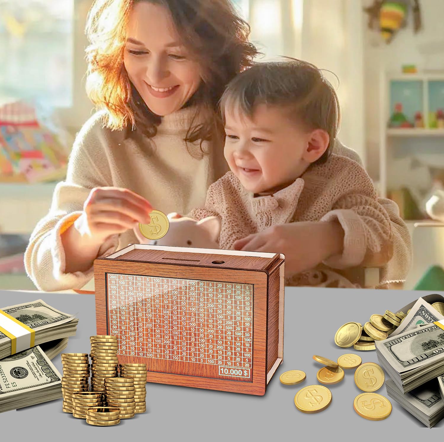 Cash Vault Wooden Savings Box, 2026 New Savings Challenge Box, Wooden Money Saving Box Money Box with Counter, Money Saver with Money 10000 Savings Target and Numbers