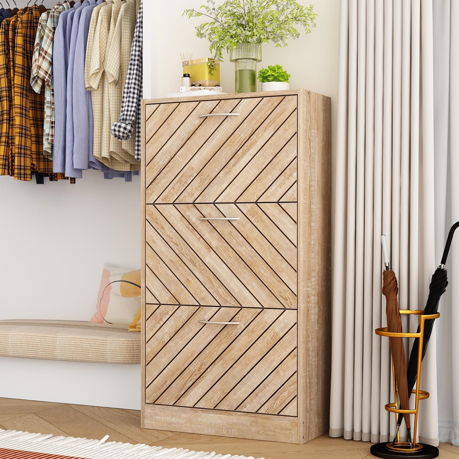 Modern Shoe Cabinet with 3 Flip Drawers, Slanted Design, Shoe Storage Organizer for Hallway Entryway (22.4”W x 9.4”D x 42.3”H) Modern Shoe Cabinet with 3 Flip Drawers, Slanted Design, Shoe Storage Organizer for Hallway Entryway (22.4”W x 9.4”D x 42.3”H)