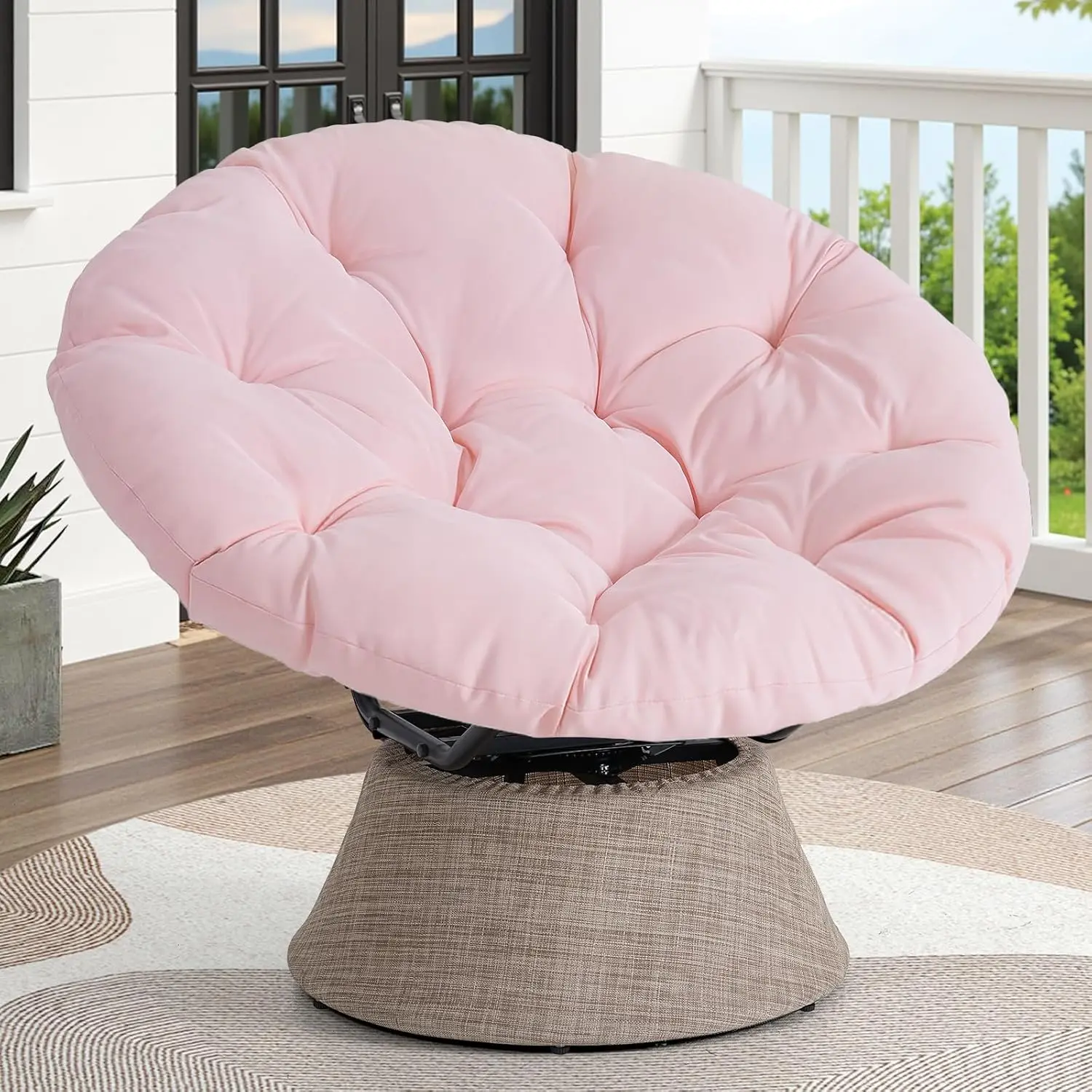 ONBRILL 2026 Upgraded 43″ Papasan Chair with Non-Slip Cushion Anchor, Swivel Lounge Chair with Reinforced Steel Frame for Indoor/Outdoor, Comfortable Reading Chair for Living Room, Patio, Porch, Pink