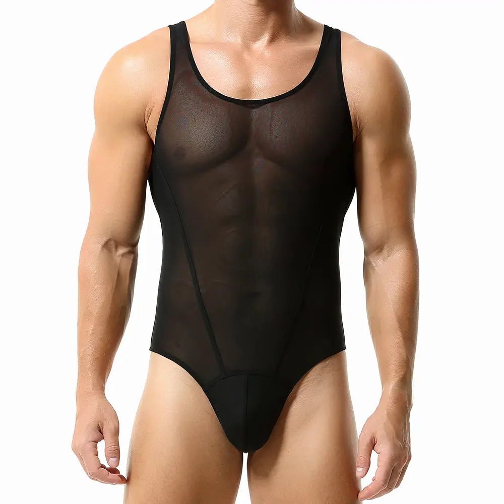 Tauwell Men’s Sheer Mesh Shapewear Bodysuit, Stretch Slim-Fit Tank Leotard with Contoured Front Pouch, Club & Dance Stage Underwear-23701