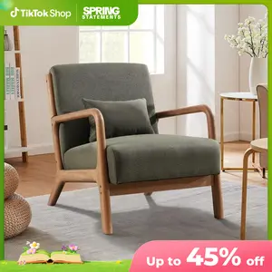 [SpringStatements] EBELLO Green, Modern Accent Chair With Wooden Legs And One Pillow, Easy Assembly, ComfyFabric Living Room Chairs, Lounge Reading Armchair