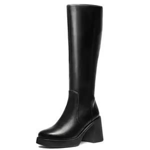 Black Knee High Boots for Women Wide Calf Platform Tall Boots Square Toe Chunky Block Heeled Gogo Boots Comfortable & Stylish