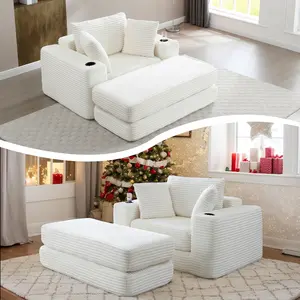 Eyisean 52" Corduroy Boneless Chaise Lounge Indoor, 3-in-1 Oversized Cloud Modern Folding Sofa Bed with Ottoman & Cup Holders, Fluffy Comfy Single Reading Chair for Living Room Bedroom, No Assembly Required