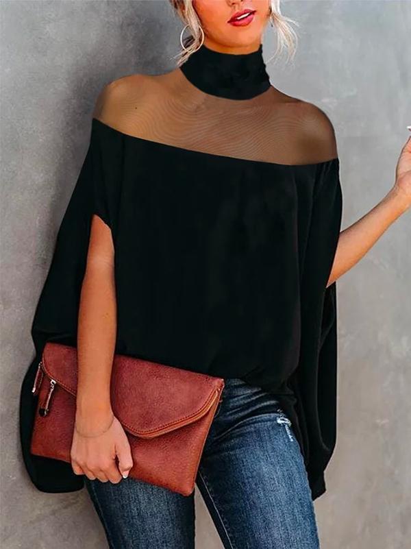 Women's Batwing Sleeves See-Through High-Neck Blouse – Minimalist, Casual Comfort for Everyday Wear casual long sleeve knit top The size is too big, it is recommended to order a smaller size