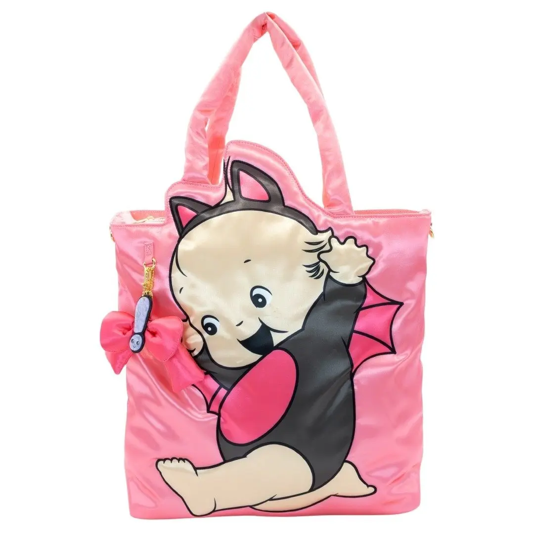Women's Embellished Kewpie Black Bat Puffy Tote Bag with Ribbon Charm, Stylish Tote Bags for Daily Use, Embellished Tote